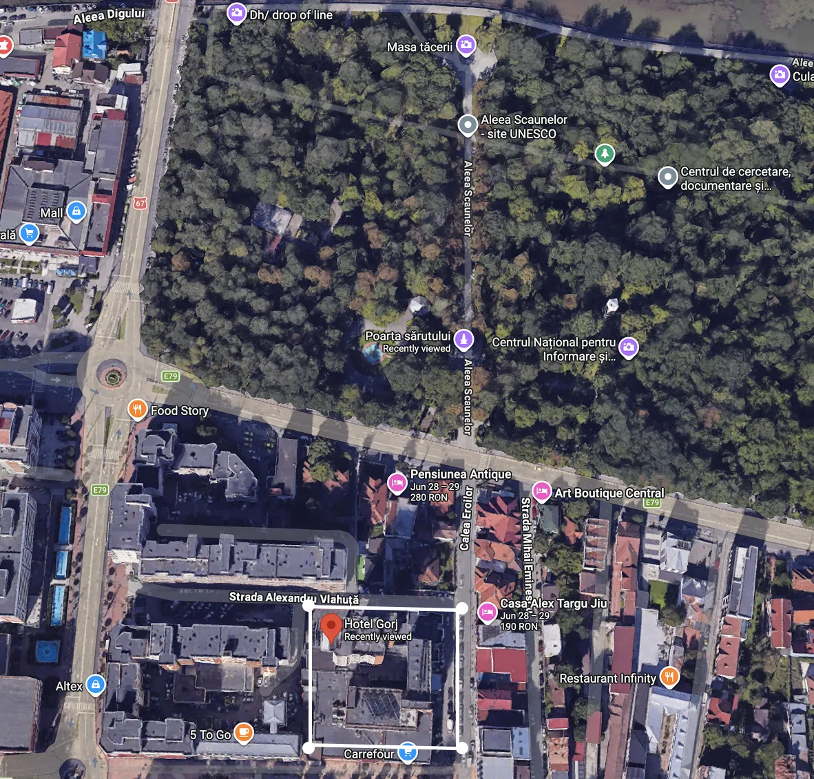 Google Maps satellite view showing Complex Hotelier Gorjul near Calea Eroilor and the Brancusi cultural axis